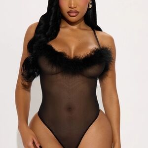 Black Sheer Bodysuit with Feather Trim